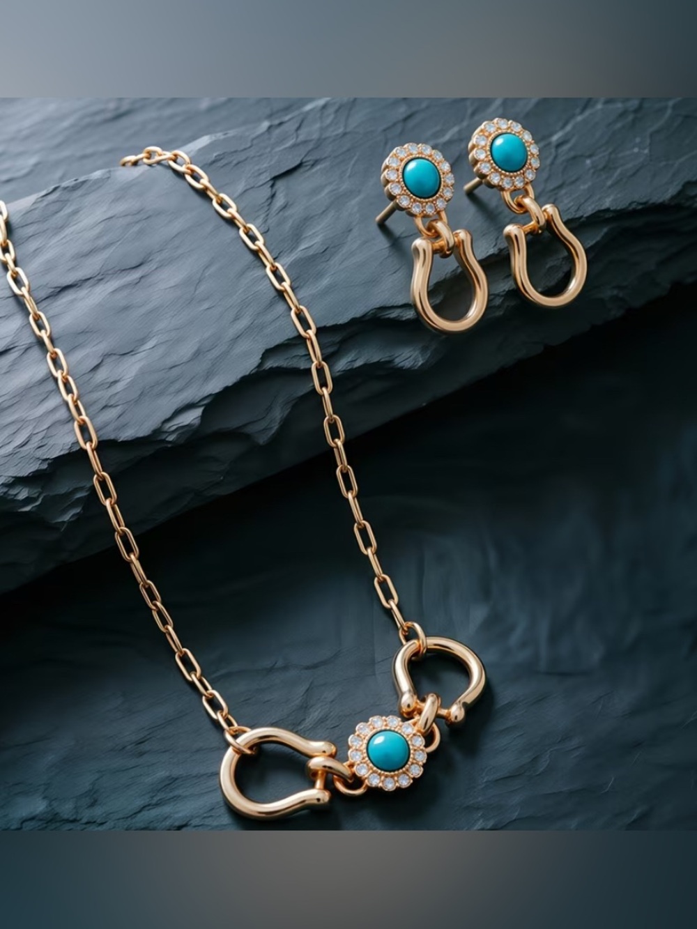 Gold Plated 18K Western Horse Bit Style Necklace & Earrings Turquoise Accents